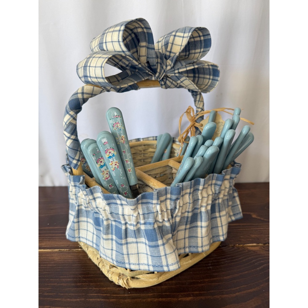 VTG Tienshan Pig Pals Flatware Set with Wicker Caddy Blue Gingham 39 pc